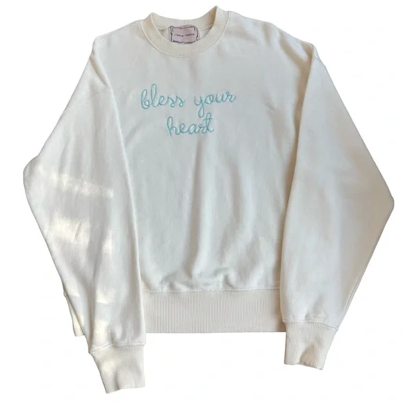 Lingua Franca Cream w/ Teal “Bless Your Heart” Maxine Sweater Small - Picture 1 of 4